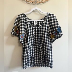 Ivy Jane Black and White Gingham Blouse with Floral Embroidery